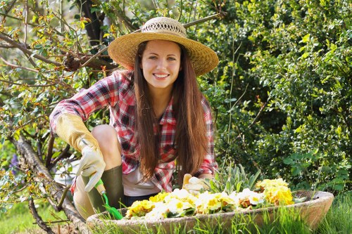 Local team trimming a garden hedge in Sudbury with careful shaping